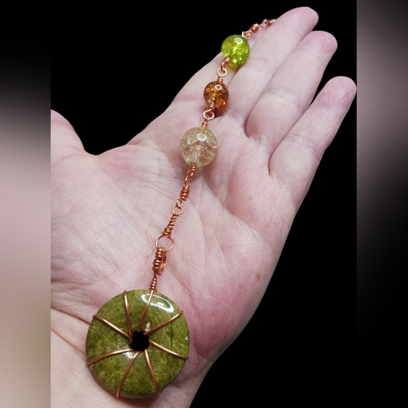Artisan Copper Wire Wrap Suncatcher with Stone Donut Focal & Crackle Glass Beads - Picture 1 of 5